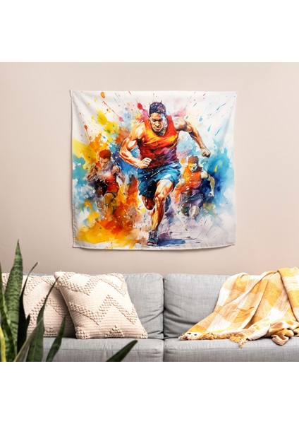 Canlı Sporcular Soyut Duvar Örtüsü - Ranforce Kumaş, Canlı Renkler