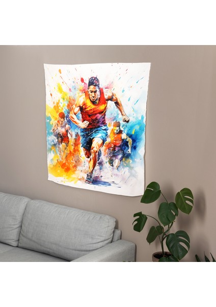 Canlı Sporcular Soyut Duvar Örtüsü - Ranforce Kumaş, Canlı Renkler