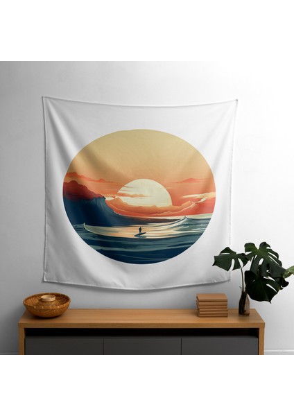 Surfer Sunset Line Çizim Duvar Örtüsü - Canlı Ranforce Kumaş, Süblimasyon Baskı, Yatak Odası,
