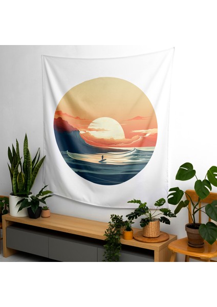 Surfer Sunset Line Çizim Duvar Örtüsü - Canlı Ranforce Kumaş, Süblimasyon Baskı, Yatak Odası,