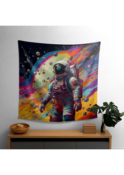 Pop Art Gezegenler ve Astronotlar Duvar Örtüsü - Canlı Süblimasyon Baskı, Pamuk, Ranforce