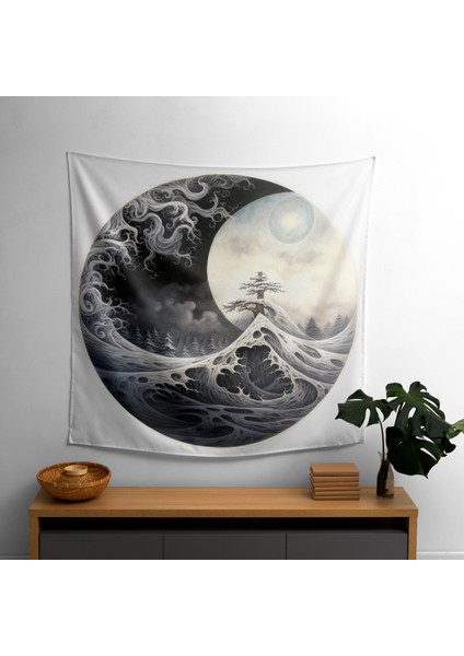 Zen Yin ve Yang Baskılı Duvar Örtüsü - Pamuk Sırt, Canlı Renkler, Yatak Odası, Oturma