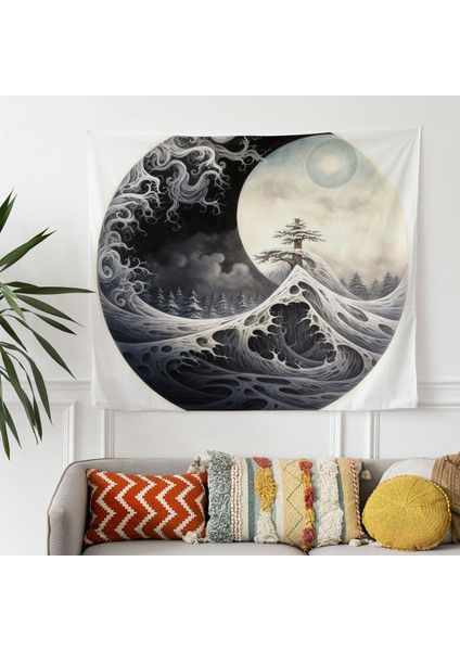 Zen Yin ve Yang Baskılı Duvar Örtüsü - Pamuk Sırt, Canlı Renkler, Yatak Odası, Oturma