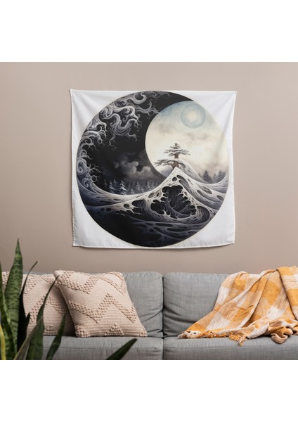 Zen Yin ve Yang Baskılı Duvar Örtüsü - Pamuk Sırt, Canlı Renkler, Yatak Odası, Oturma