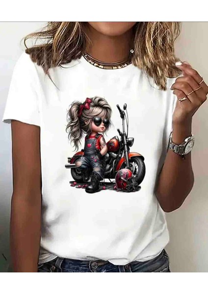 Motorcu Kız Baskılı Özel Tasarım Oversize Tshirt
