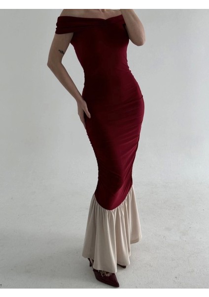 my Striptiz Omuzlu Uzun Elbise- Bordo