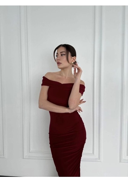 my Striptiz Omuzlu Uzun Elbise- Bordo