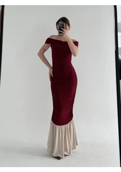 my Striptiz Omuzlu Uzun Elbise- Bordo