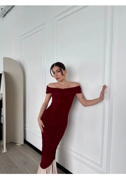 my Striptiz Omuzlu Uzun Elbise- Bordo