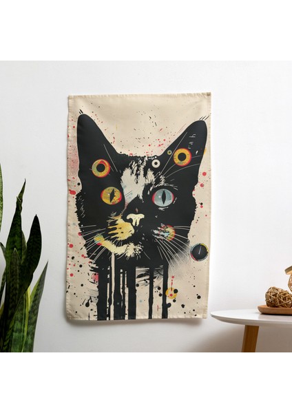 Kaprisli Kedi Duvar Örtüsü - Pamuk Sırt, Polyester Ön - Canlı Renkler, Süblimasyon Baskı