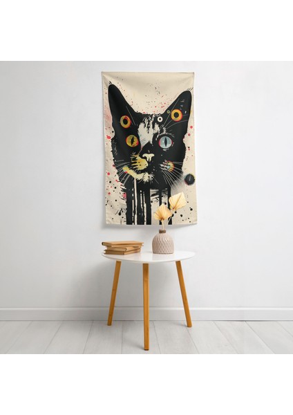 Kaprisli Kedi Duvar Örtüsü - Pamuk Sırt, Polyester Ön - Canlı Renkler, Süblimasyon Baskı