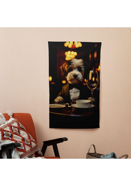 Insanlar Gibi Giyinmiş Köpek Duvar Örtüsü - Canlı Hayvan Sanatsal Baskı, Ranforce Kumaş, Hafif