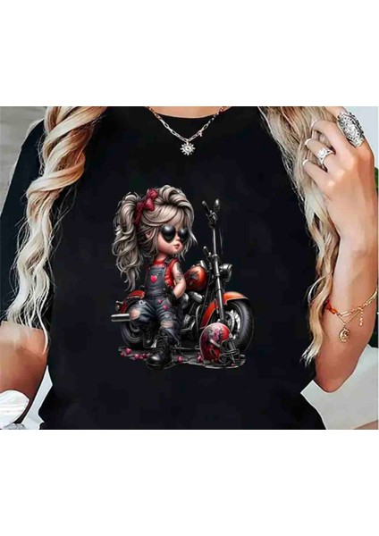 Motorcu Kız Baskılı Özel Tasarım Oversize Tshirt
