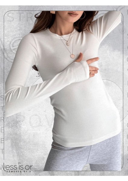 Bisiklet Yaka Parmak Geçmeli Beyaz Uzun Kollu Tişört