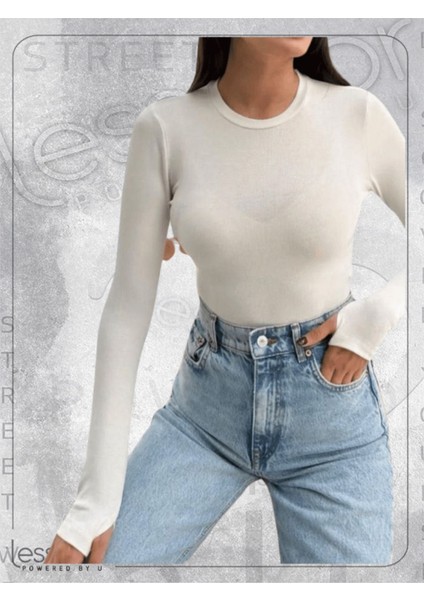 Bisiklet Yaka Parmak Geçmeli Beyaz Uzun Kollu Tişört fiyatları