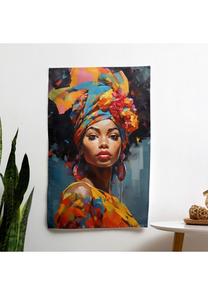 Renkli Afro Kadın Duvar Örtüsü - Pamuk Sırt, Polyester Ön - Canlı Ranforce Kumaş
