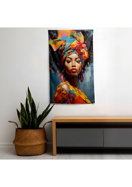 Renkli Afro Kadın Duvar Örtüsü - Pamuk Sırt, Polyester Ön - Canlı Ranforce Kumaş