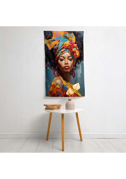 Renkli Afro Kadın Duvar Örtüsü - Pamuk Sırt, Polyester Ön - Canlı Ranforce Kumaş
