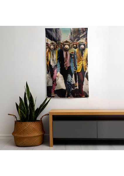 City Street Monkeys Duvar Örtüsü - Pamuk Sırt, Polyester Ön - Canlı Renkler - Modern
