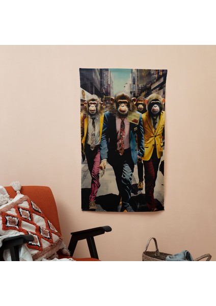 City Street Monkeys Duvar Örtüsü - Pamuk Sırt, Polyester Ön - Canlı Renkler - Modern