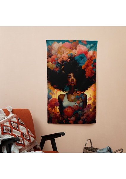 Şık Afro Güzellikler Duvar Örtüsü - Pamuk Sırt, Polyester Ön - Canlı Renkler - Süblimasyon