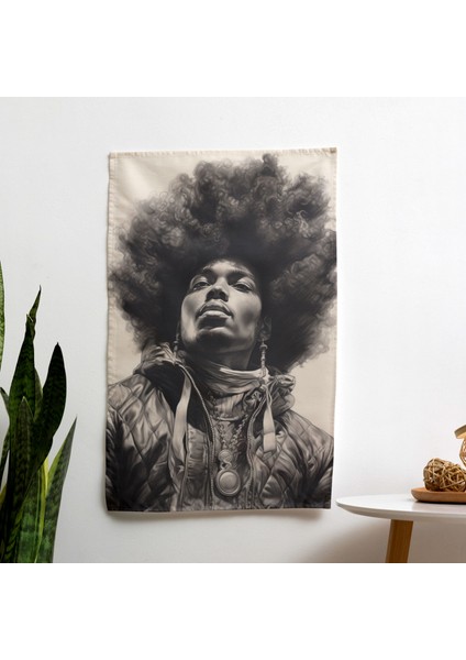 Afro Adam Kömür Çizim Duvar Örtüsü - Pamuk Sırt, Polyester Ön - Canlı Renkler - Yatak