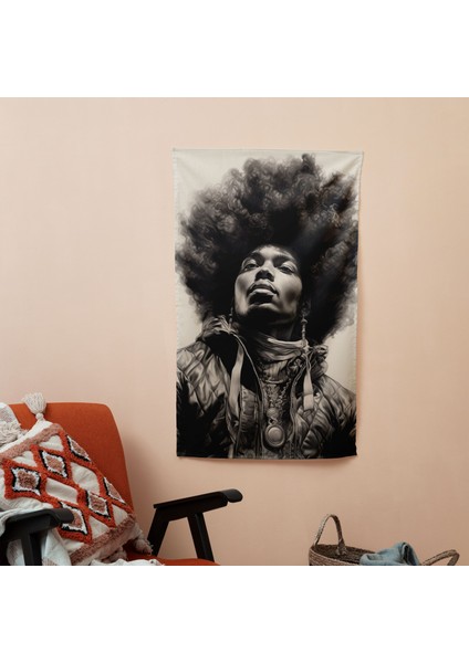 Afro Adam Kömür Çizim Duvar Örtüsü - Pamuk Sırt, Polyester Ön - Canlı Renkler - Yatak