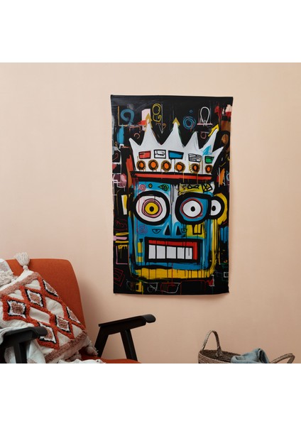 Basquiat Taç Motifli Duvar Örtüsü - Pamuk Sırt, Polyester Ön, Ranforce Kumaş, Canlı Renkler