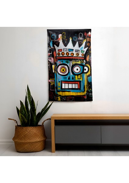 Basquiat Taç Motifli Duvar Örtüsü - Pamuk Sırt, Polyester Ön, Ranforce Kumaş, Canlı Renkler