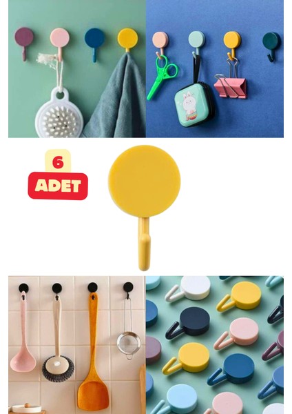 6 Adet Yapışkanlı Kancalı Renkli Duvar Askısı Duvar Kapı Masa Yapışan Pratik Çok Amaçlı Askılık
