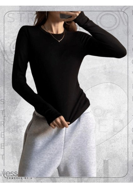 Bisiklet Yaka Parmak Geçmeli Siyah Uzun Kollu Bluz