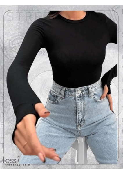 Bisiklet Yaka Parmak Geçmeli Siyah Uzun Kollu Bluz modelleri