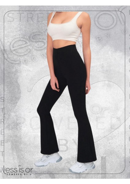 Kadın Siyah Dalgıç Kumaş Yüksek Bel Toparlayıcı Çift Cepli Ispanyol Paça Tayt