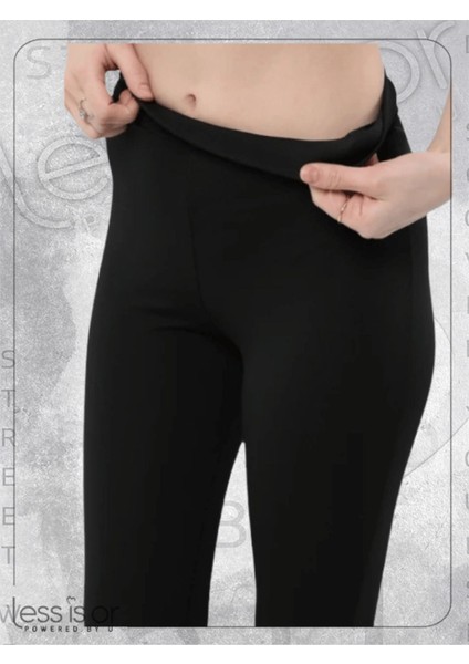 Kadın Siyah Dalgıç Kumaş Yüksek Bel Toparlayıcı Çift Cepli Ispanyol Paça Tayt modelleri