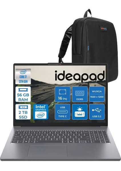 Ideapad Slim 3 16IRH10 Intel Core I7 13620H 56GB 1tb SSD + 1tb SSD Freedos 16" Wuxga (1920X1200) IPS 300NITS Taşınabilir Bilgisayar 83K2001VTRF12 + Zetta Çanta