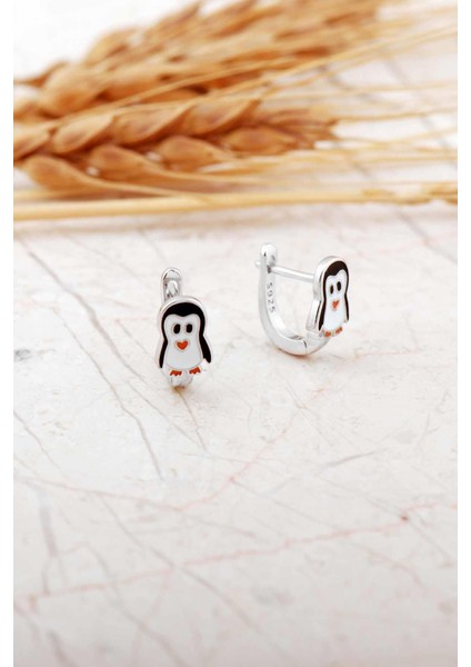 Mineli Penguen Rodyumlu Gümüş Çocuk Küpe 7298