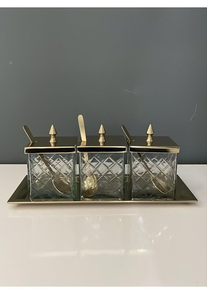 Kare 3 Lü Baharatlık Seti Gold 32,5X13X12,5 cm