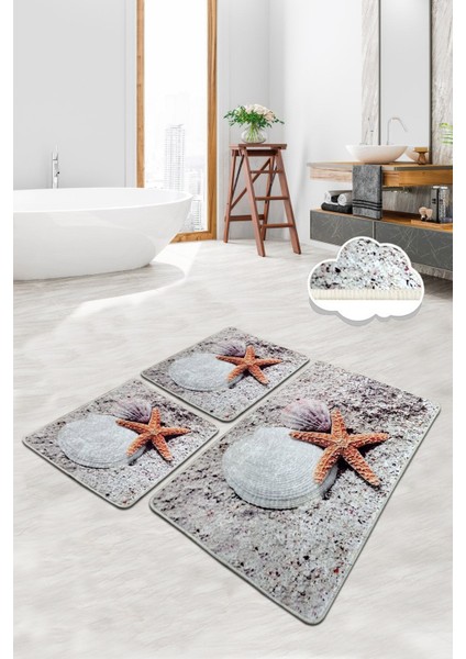Starfısh 3'lü Set Banyo Halısı Paspas Yıkanabilir Kaymaz Taban Klozet Takımı Djtbanyo