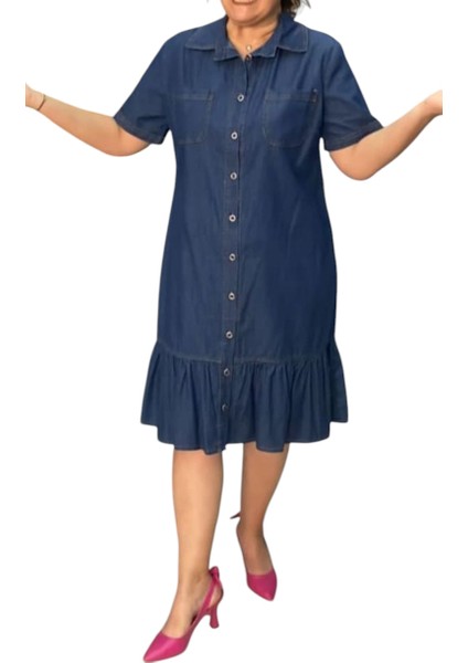 Büyük Beden Ince Denim Kot Kumaştan Boydan Düğmeli Gömlek Yaka Eteği Fırfırlı Kısa Kollu Jean Elbise