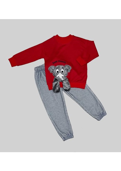 bbyx 1-2-3 Yaş Filli Sallanan Ayak Desenli Likra Penye Kumaş Sweat Pantolonlu Kız Erkek 2li Çocuk Takımı