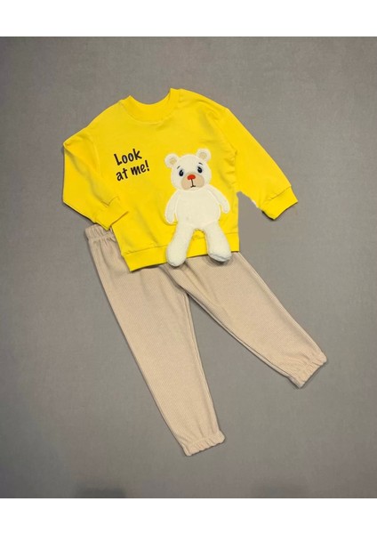 bbyx 2-3-4 Yaş Ayıcık Sallanan Ayak Desenli Likra Penye Kumaş Sweat Pantolonlu Kız Erkek 2li Çocuk Takımı