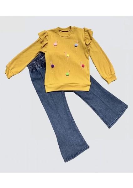 bbyx 4-5-6 Yaş Kot Pantolonlu Flamingo Desenli Penye Sweat Uzun Kollu 2li Kız Çocuk Takımı