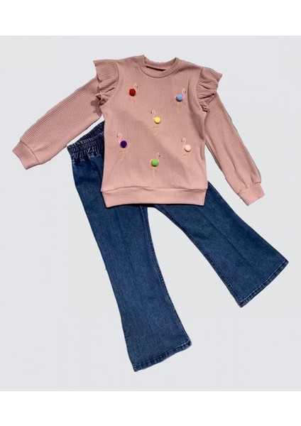 bbyx 4-5-6 Yaş Kot Pantolonlu Flamingo Desenli Penye Sweat Uzun Kollu 2li Kız Çocuk Takımı