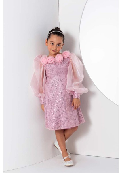 Kız Çocuk Yakası Boydan Gül Broş Detaylı Bilekleri ve Üzeri Pullu Karpuz Kollu Pembe Elbise