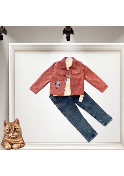 bbyx 3-4-5 Yaş Fitilli Kadife Ceket Kot Pantolonlu 3lü Kız Erkek Çocuk Takımı