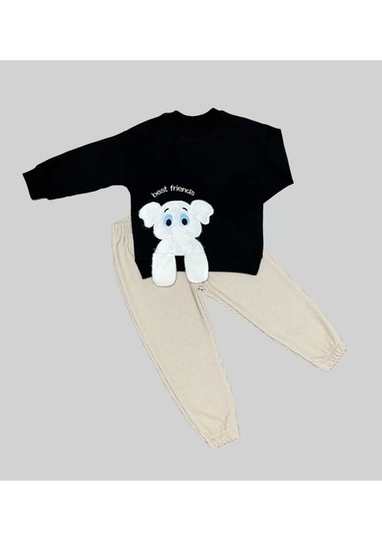 bbyx 1-2-3 Yaş Filli Sallanan Ayak Desenli Likra Penye Kumaş Sweat Pantolonlu Kız Erkek 2li Çocuk Takımı