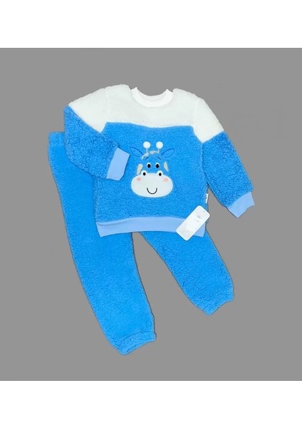 bbyx 1-2-3 Yaş Ponponlu Zürafa Desenli Kuzu Kumaş Uzun Kollu 2li Kız Erkek Çocuk Takımı