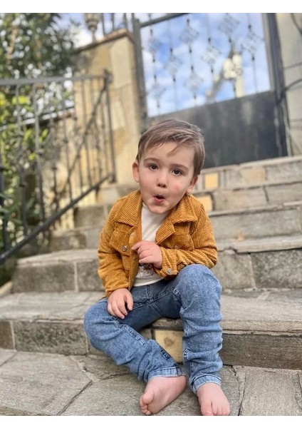bbyx 3-4-5 Yaş Fitilli Kadife Ceket Kot Pantolonlu 3lü Kız Erkek Çocuk Takımı