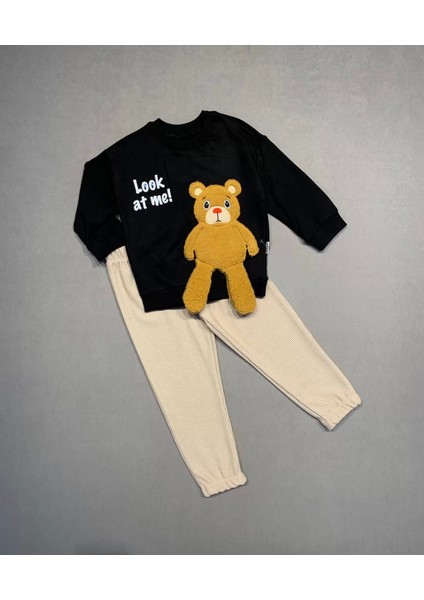 bbyx 2-3-4 Yaş Ayıcık Sallanan Ayak Desenli Likra Penye Kumaş Sweat Pantolonlu Kız Erkek 2li Çocuk Takımı