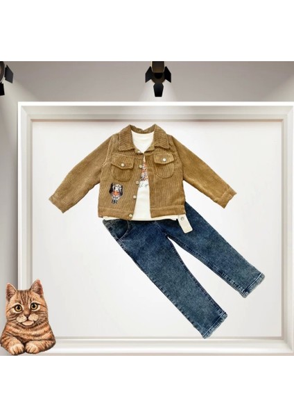 bbyx 3-4-5 Yaş Fitilli Kadife Ceket Kot Pantolonlu 3lü Kız Erkek Çocuk Takımı